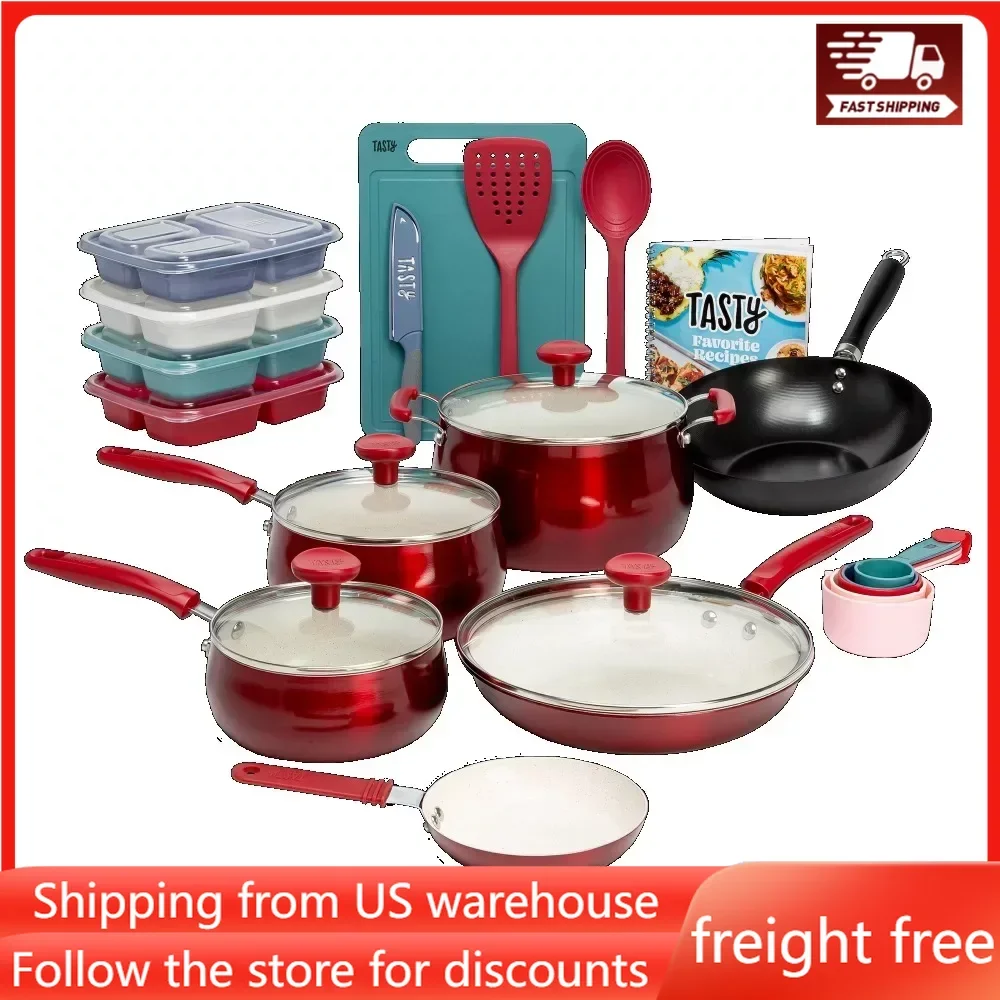 

Nonstick Cooking Set Free Shipping Ceramic 24 Piece Non-Stick Aluminum Cookware Set Red Pots for Kitchen Pan Sets Promotion Kits