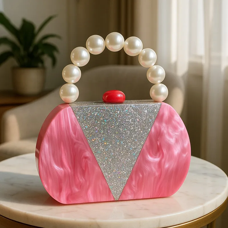 2025 Fashion Famous Brand Splicing Acrylic Women's Evening Clutch Bag Big Pearl Handle Box Handbags Female Shiny Crossbody Bag