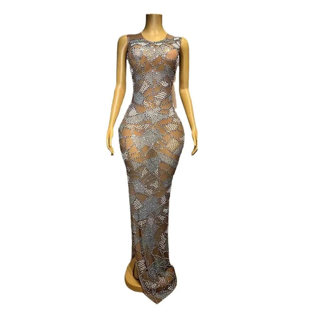

Spring Sleeveless Long Evening Dress For Female Singer - Split End, Sexy Temperament, Slim Hip Print Crystal Embellished Dresses