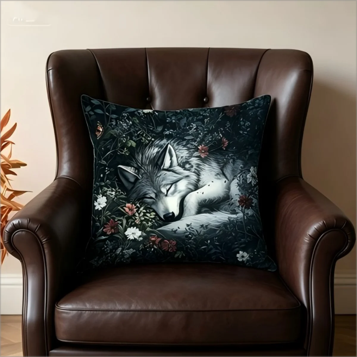 Kissenbezug mit schlafendem Wolf im Blumengarten-Print, dekorativer Kissenbezug mit dunkler Fantasy-Kunst für Sofa und Schlafzimmer
