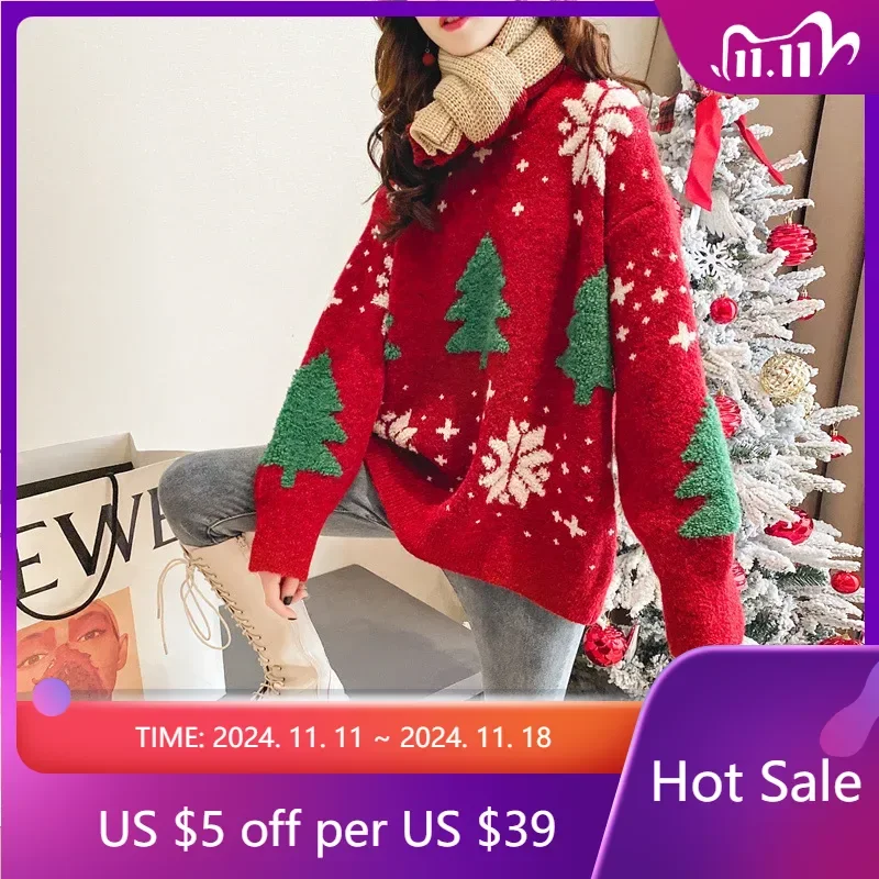 2024 Autumn/Winter New Korean Thickened Color blocked Christmas Sweater Women Hoodie Snowflake Loose Round Neck Lazy Style Tops