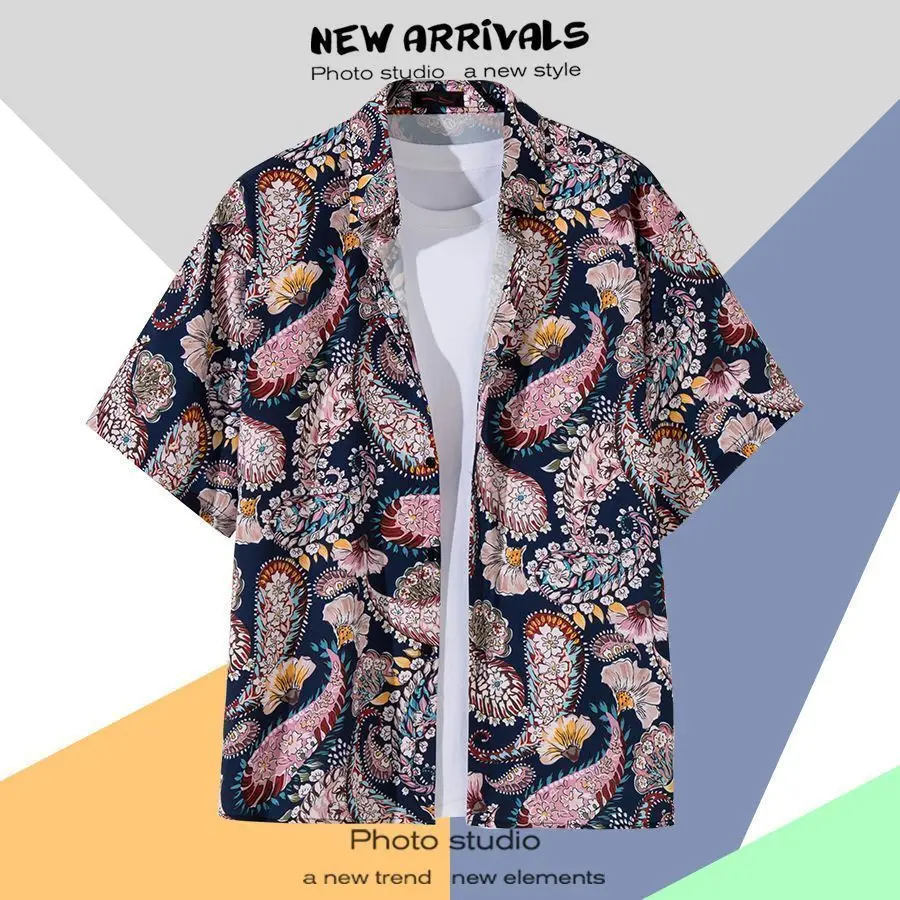 

Hawaiian Short Sleeved Shirt Vintage Loose Fitting Couple Beach Beach Ins Shirt Without Lining Only Single Piece Shirt Top