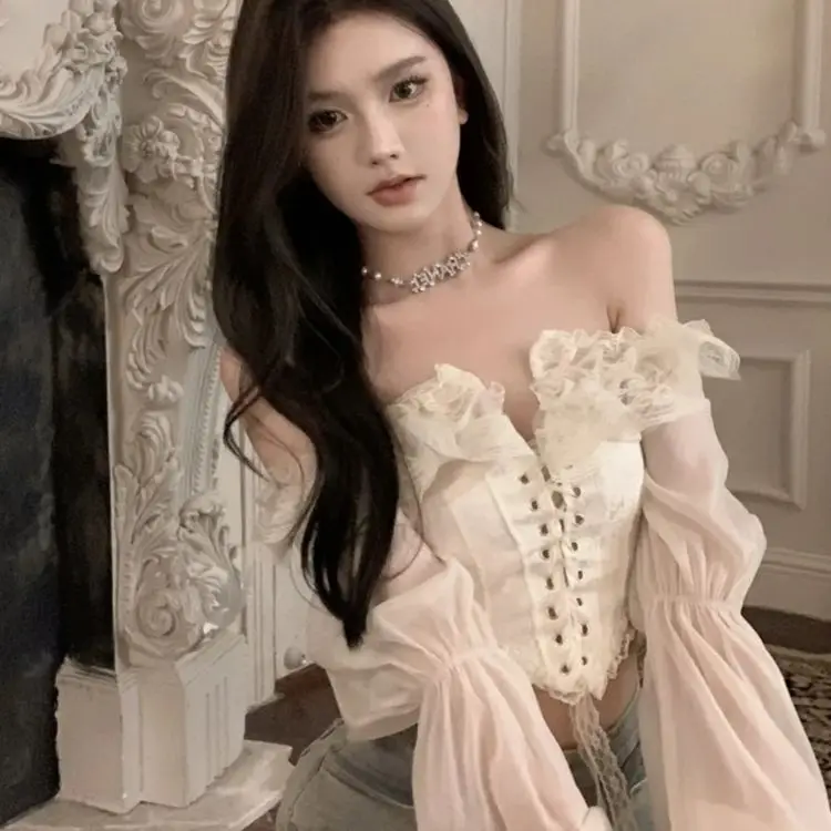 Autumn One-Shoulder Chiffon Shirt Women Lace Splicing Fashionable Blouse Slope Collar Lantern Sleeve Top Bandage Slim Fit Shirt