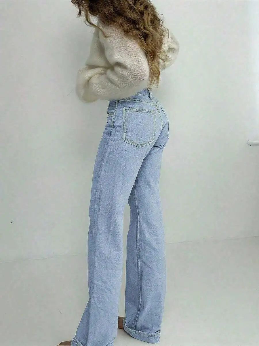 

Womens Mid-Rise Loose Wide Leg Jeans Y2K Style Casual Light Wash Denim
