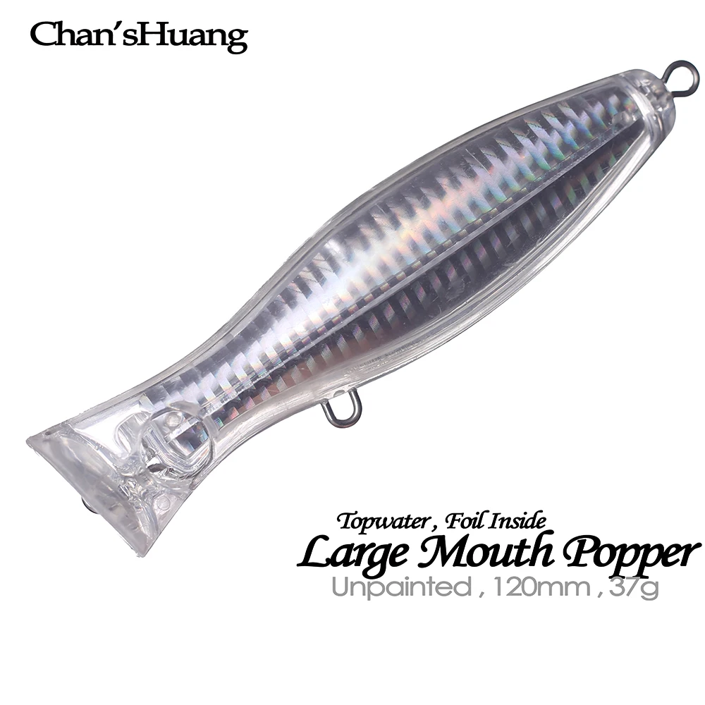 Chan’sHuang 10PCS Unpainted Blanks Bait 12cm 37g Topwater Foil Inside Holographic Rattles Popper DIY  Artificial Fishing Lure