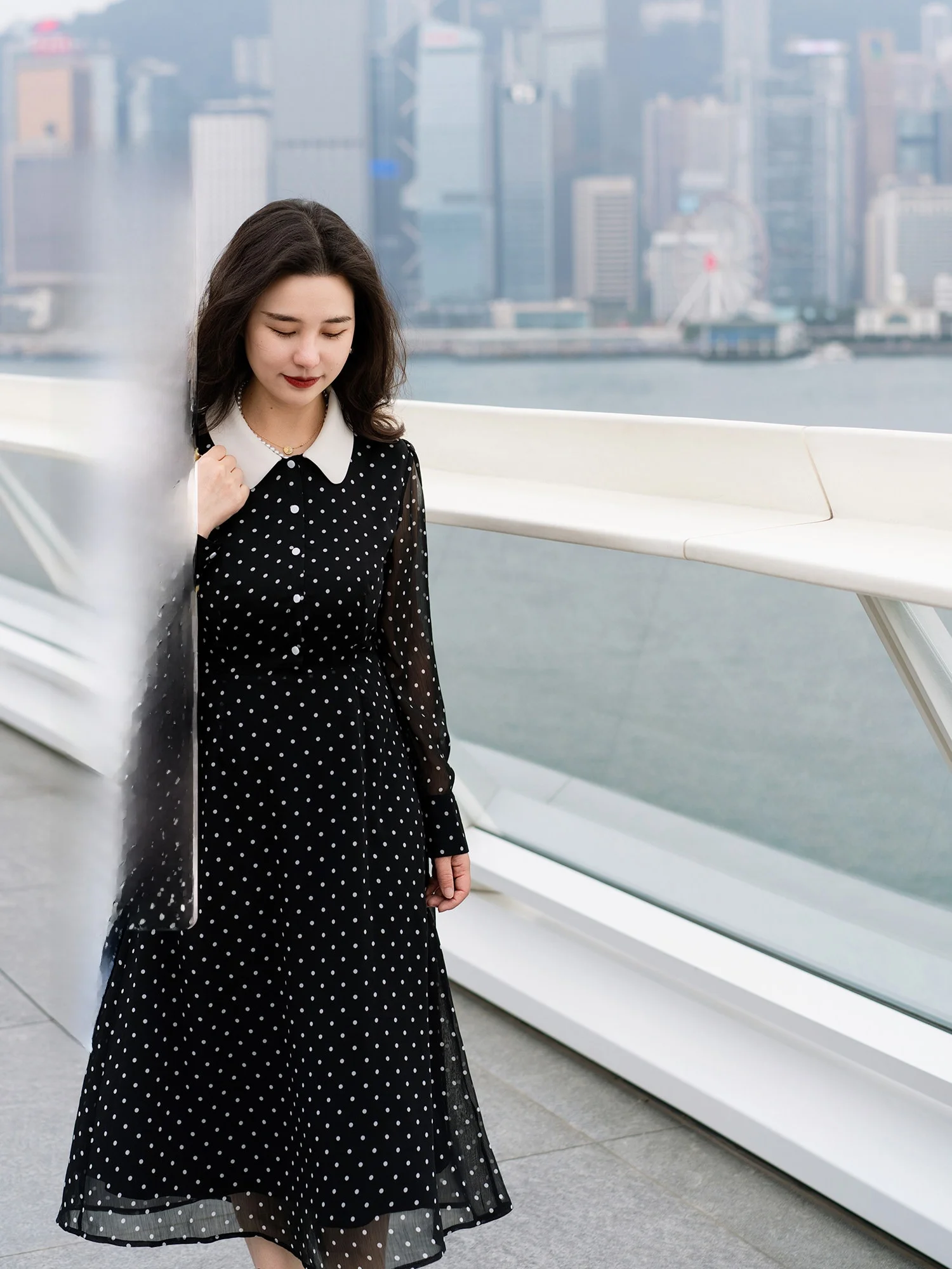 

Bla Polka Dot awl Collar Midi Dr by Apipedr Spring 2025 Collection Casual Sle High Waist A-Line Skirt Long Sve