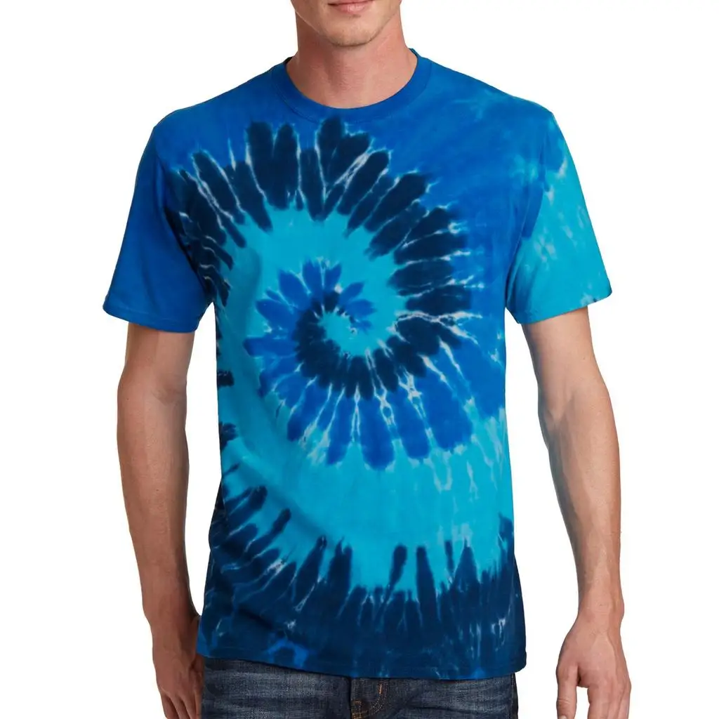 Red and yellow swirling tie-dye T-shirt, classic hippie style for men, vibrant spiral pattern short-sleeved crew neck casual top