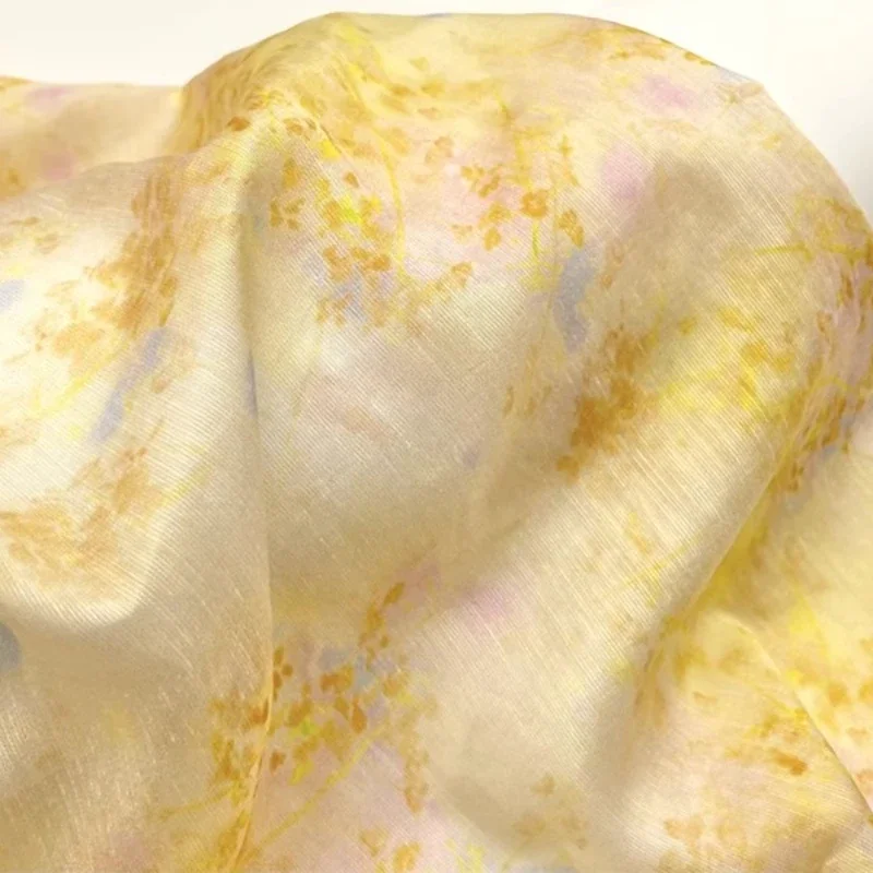 Tela de ramio de seda con estampado degradado Floral de inspiración japonesa de jengibre, textil texturizado ligero semitransparente para vestido tipo kimono Hanfu