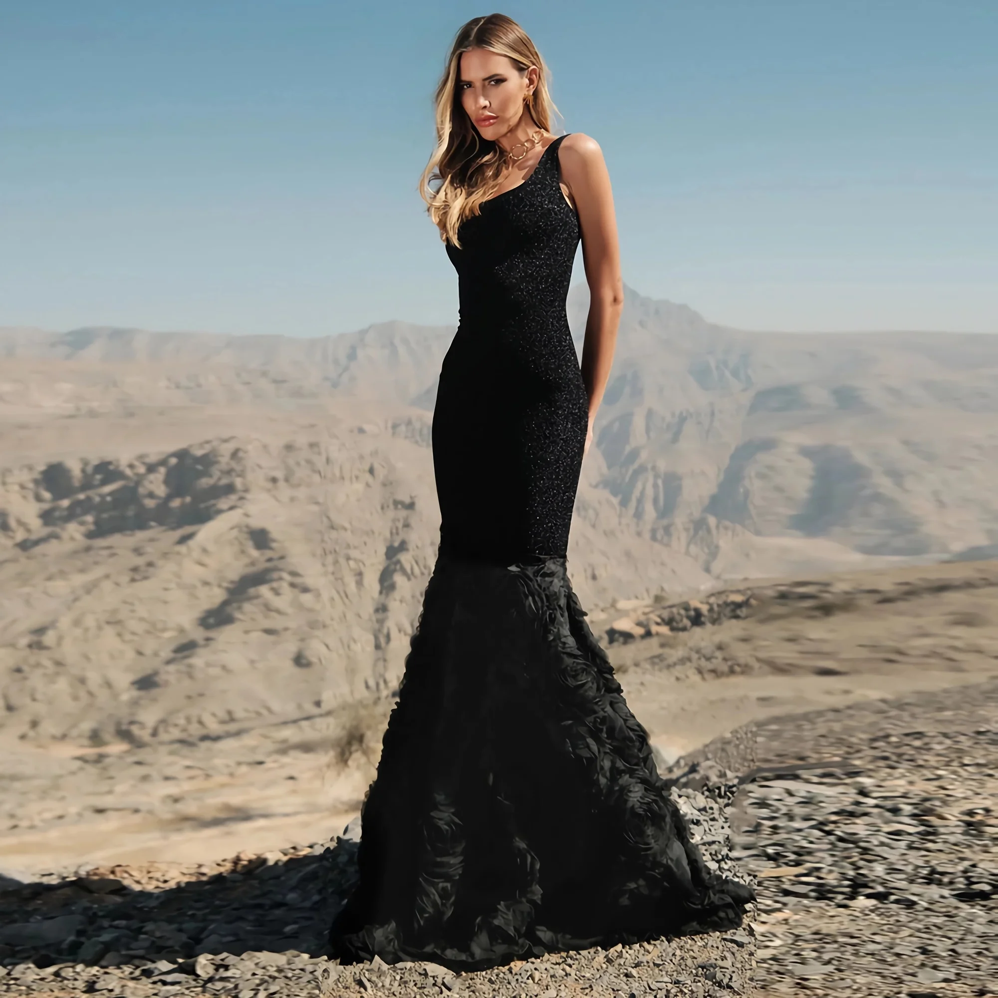 Sexy Sleeveless Black Evening Dress Women Sparkly Slim Party Gown Elegant Floral Skirt Mermaid Prom Wedding Guest Outfit