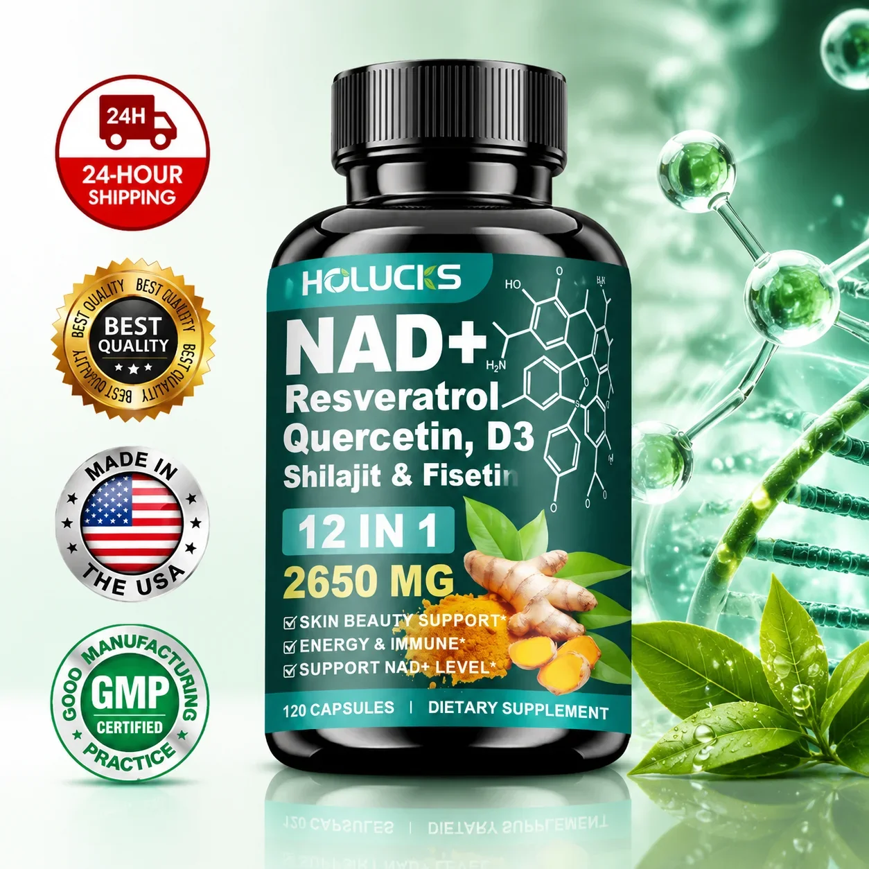 High Potency NAD+ Supplement, with Quercetin, Fisetin, Support Daily Vitality, Skin & Nails Health, Immune, Overall Well-Being