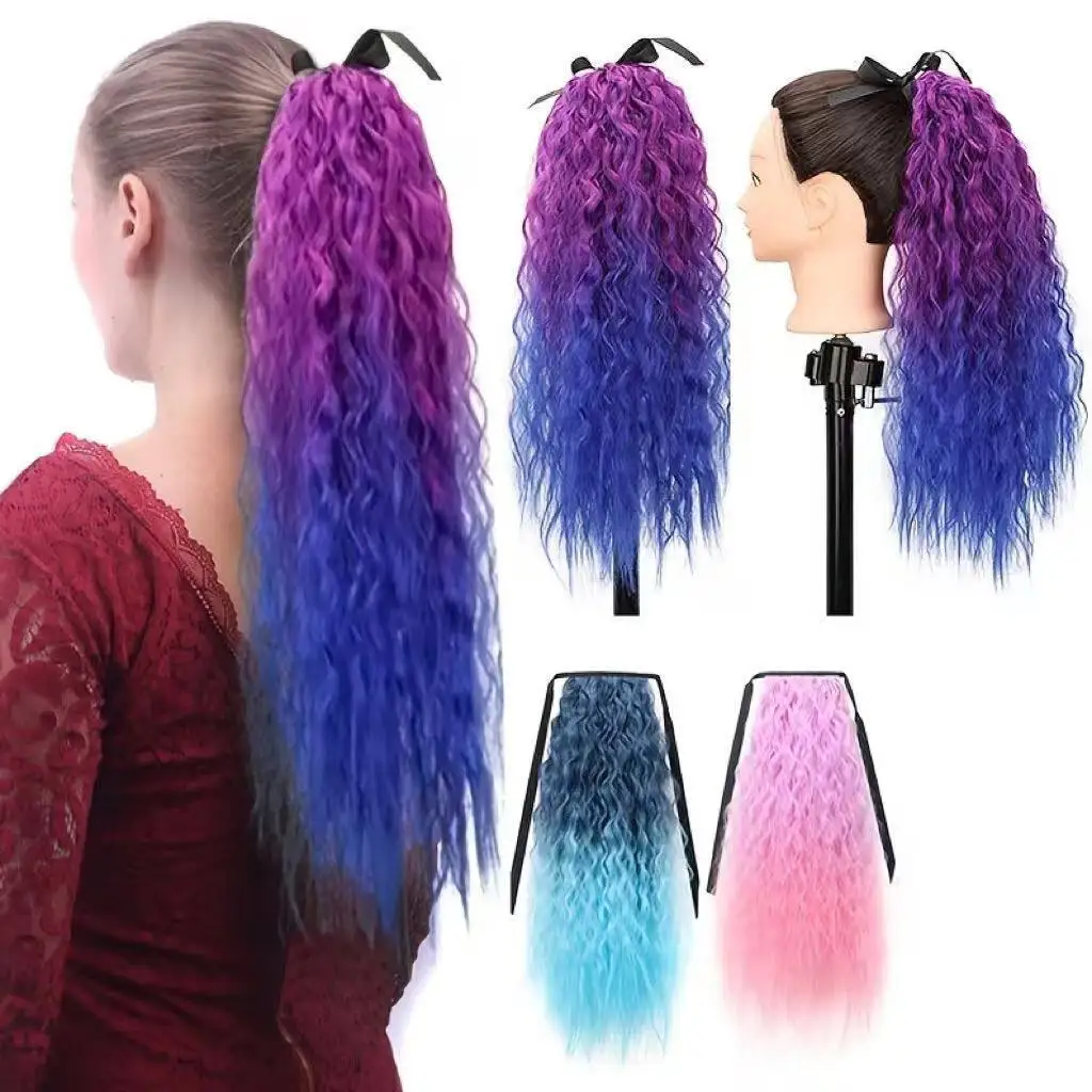 22Inch Long Synthetic Corn Wave Ponytail Extension Clip In Ombre Red Pink Color Curly Wavy Hair Extensions Tie Up Hair Piece