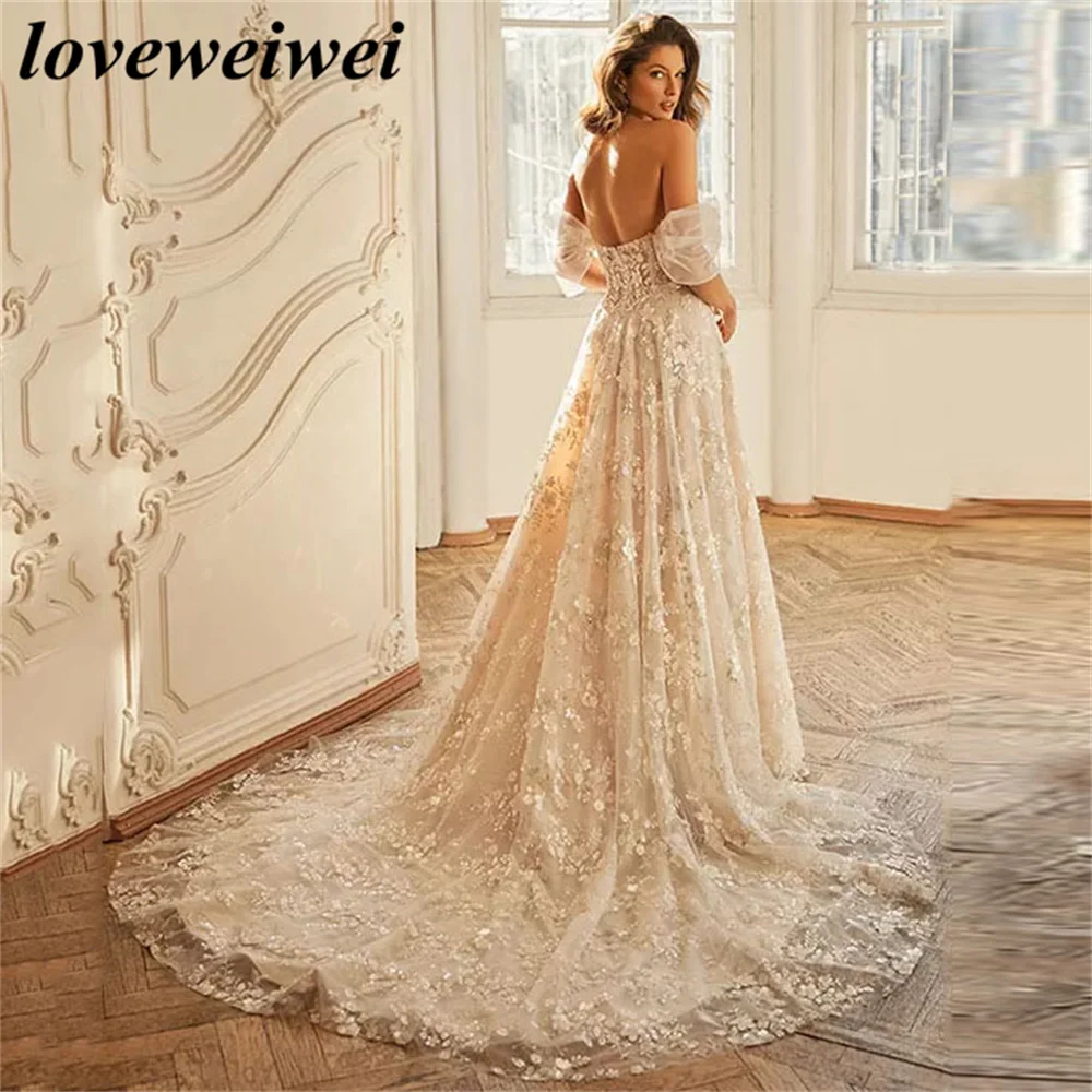 Lieverd Off Shoulder Prinses Trouwjurken A Line Bruid Jurken Kant 3d Bloemen Applique Bruidsjurk Custom Robe De Mariée