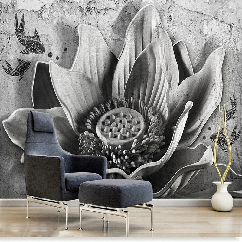 

Custom Mural Retro 3D Embossed Lotus Flowers Cement Gray Wallpaper for Bedroom Living Room Background Wall Oil Canvas Painting