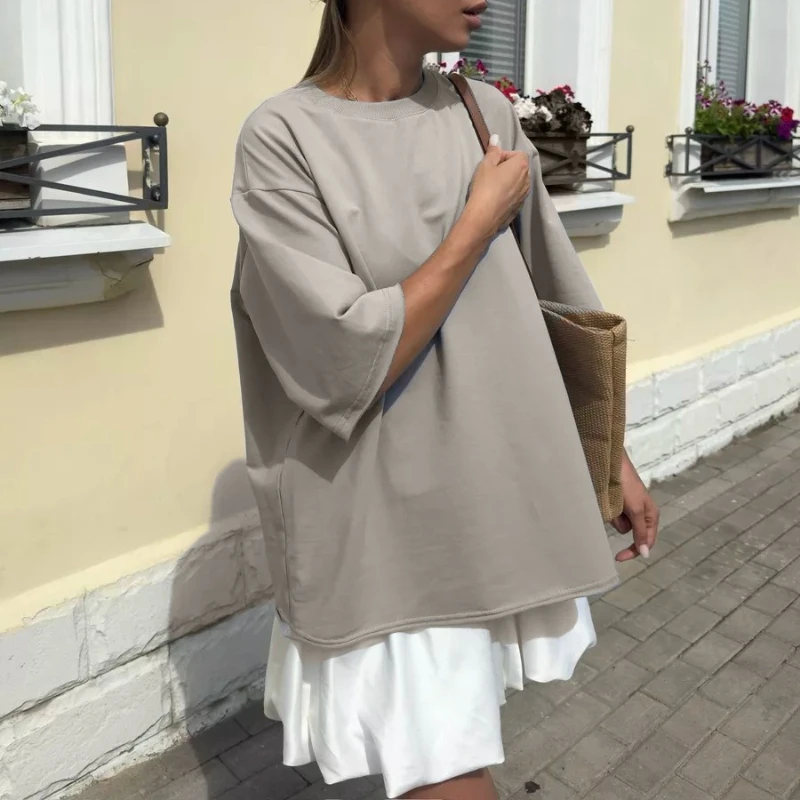 2025 뜨거운 판매 코튼 티셔츠 여성 닳은 라운드 넥 테리 천 반팔 루즈 기본상의