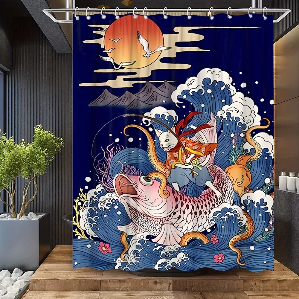 Luxurious Koi Fish Wave Shower Curtain Asian Mythological Art Deep Sea Ocean Fantasy Bathroom Decor Curtain Wall Hanging Anime