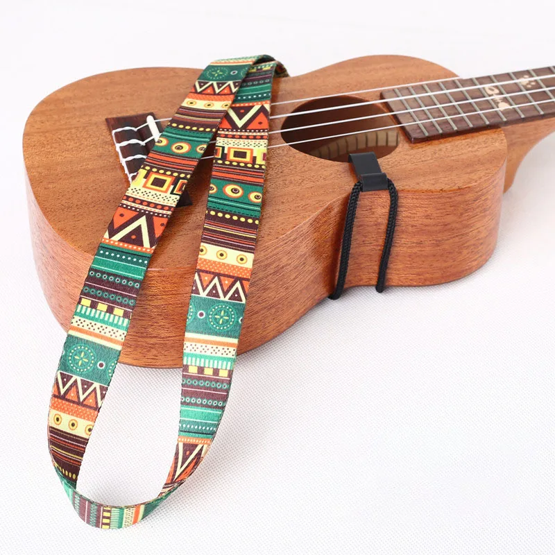 Ethnic Style Ukulele Strap Durable Adjustable Printing Ribbon Plastic Hook Clip-on Hawaii Guitar Belt Instrument Accessories