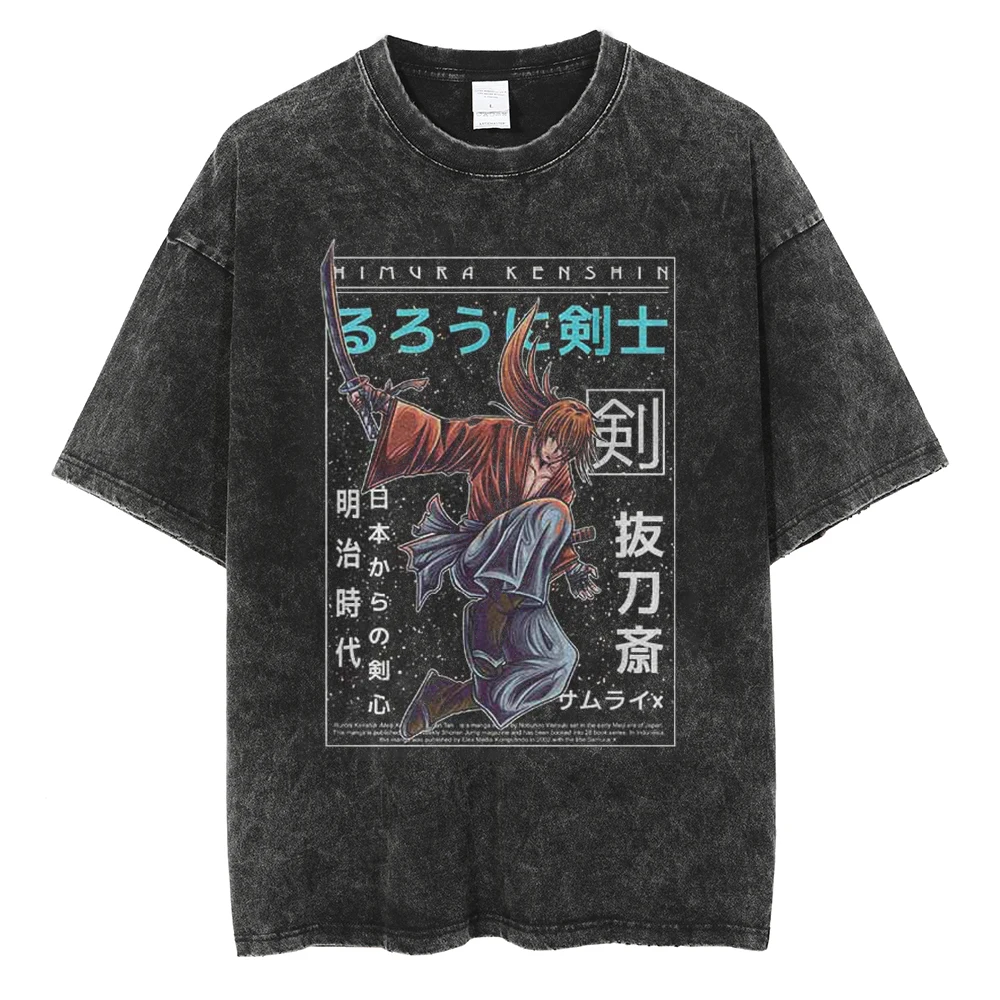 Harajuku Anime Rurouni Kenshin Himura Kenshin Print Tshirt Men Manga Oversized T-shirts Washed Cotton Tee Male Casual T Shirt