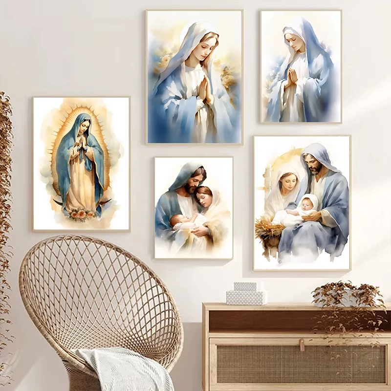 Virgin Mary and Child Jesus Catholic Watercolor prayer Poster  Print Wall Art Pictures Canvas Painting Living Room Home Decor