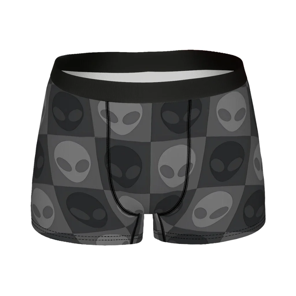 Gray Space Alien Checkered Pattern Alien UFO Pattern Underpants Breathbale Panties Male Underwear Sexy Shorts Boxer Briefs