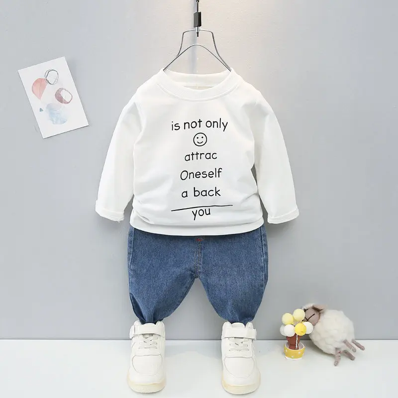 New Spring Fashion Autumn Children Boys Girls Kids Patchwork Coat Smile T-shirt Pants Jeans 3Pcs/Sets Kids Clothing Tracksuits