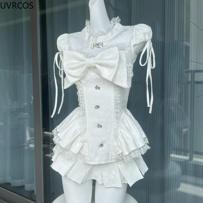 Ensemble jupe Style Lolita japonais pour femmes, Kawaii, dentelle, Patchwork, hauts avec nœud, Mini jupes à gâteau mignonnes, costumes coréens Y2k, ensembles de 2 pièces