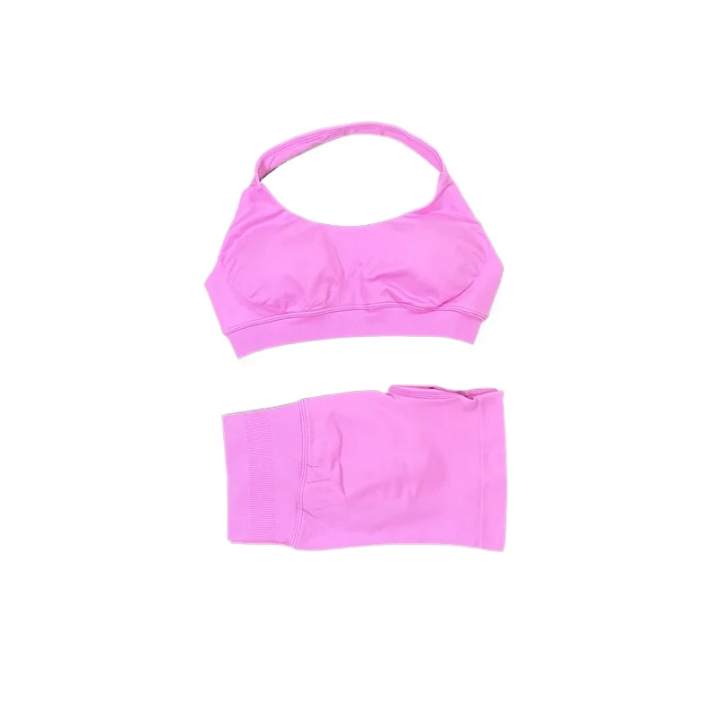AliExpress NONE 2Pcs Sexy Halter Neck Yoga Set Women Open Back Sports Bra Low Ribbed Waist Scrunch Butt Shorts Seamless Gym Cycling Workout Set