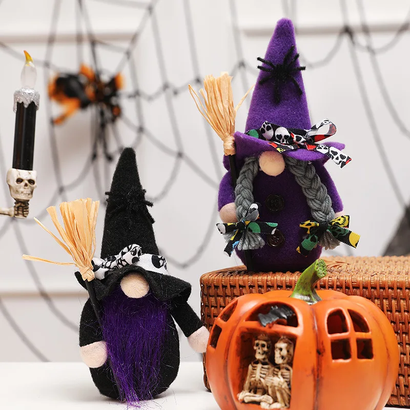 Halloween Broomstick Top Hat Witch Dwarf Gnome Doll Ornaments Cartoon Dwarf Elf Home Decor 2023 Halloween Xmas Party Celebration