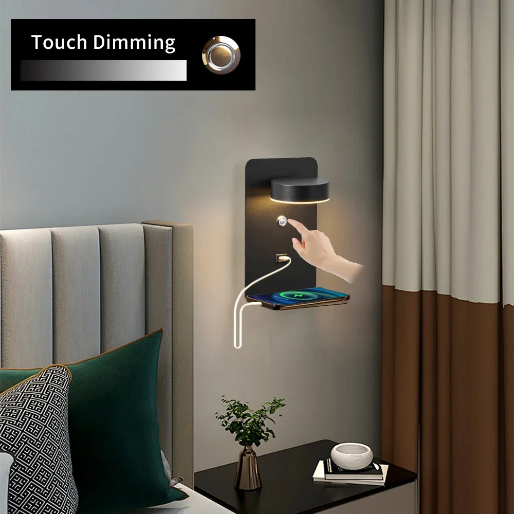 Bedside LED Wall Lamp with Shelf Bedroom USB Charging Interface Adjustable with Switch Storage Bracket Corridor Wall Light