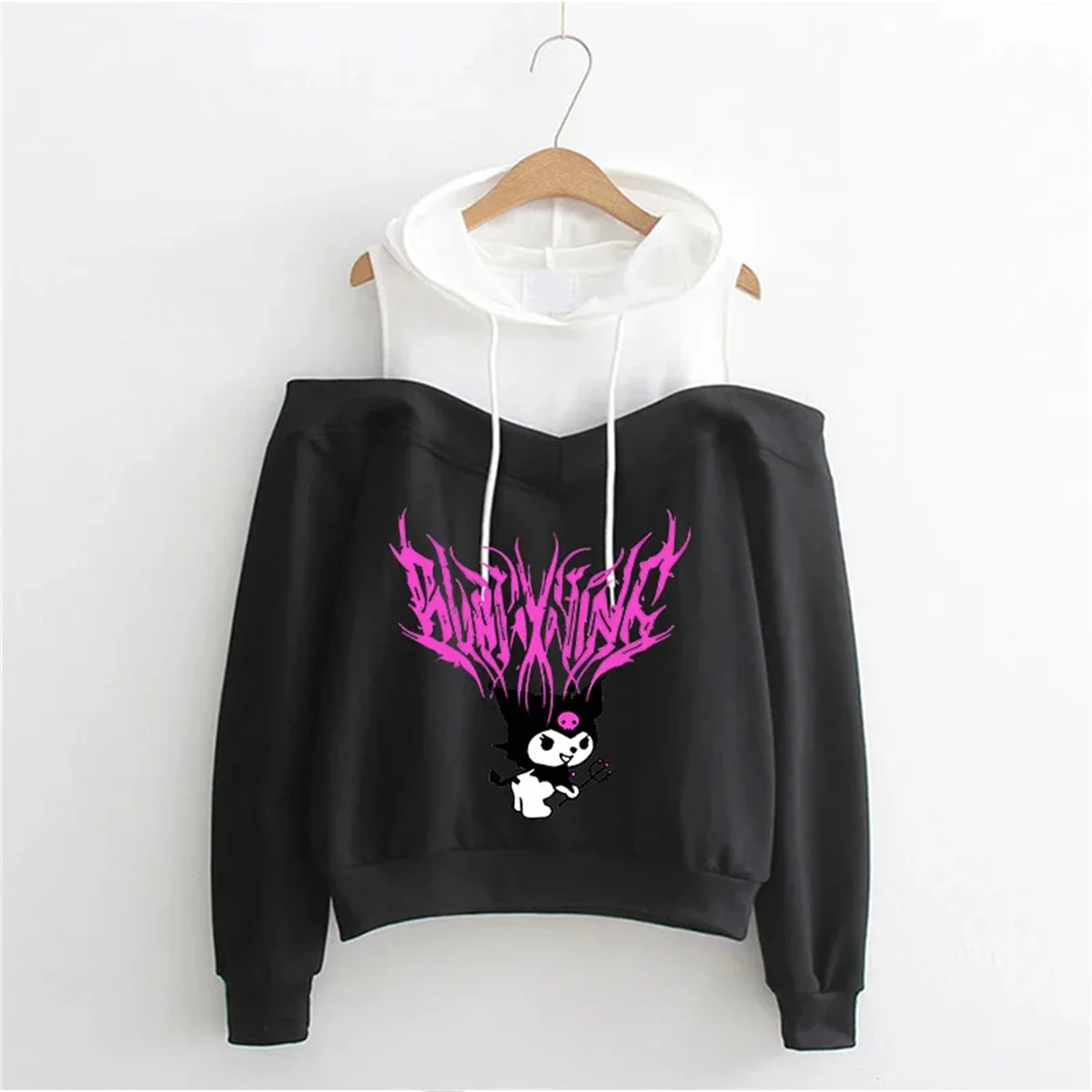 Kulomi Animation Autumn and Winter New Fashion Off-shoulder Fake Two-piece Hoodie, Simple Printed Text, Fashion Trend Loose