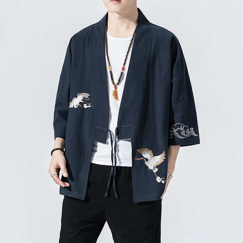 Crane Embroidery Haori Kimono Harajuku Japanese Style Plus Size Men Samurai Costume Yukata Asian Clothes Cardigan Women Jacket