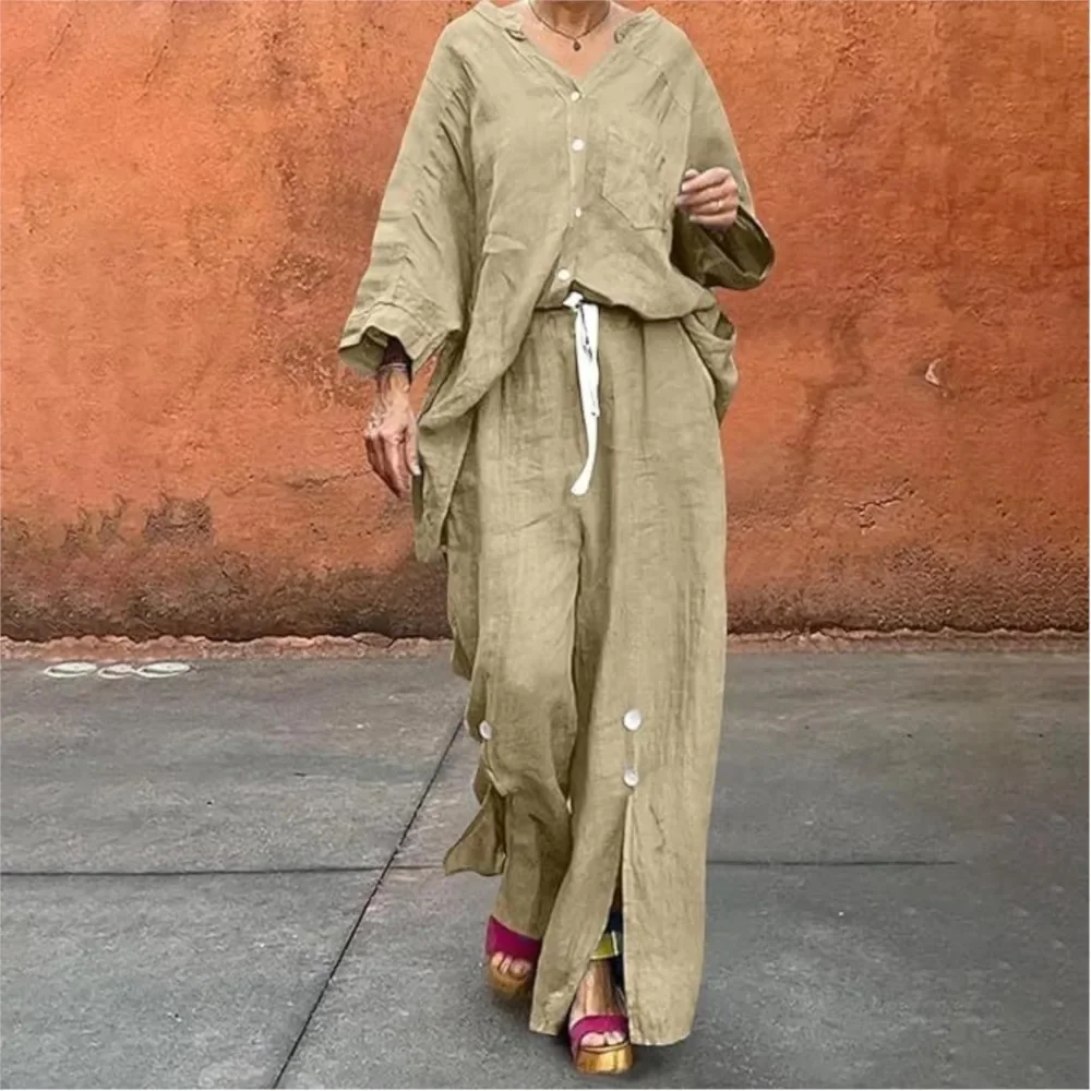 CPSYMYM Fashion Cotton Linen Long-sleeved Shirt Long Pants 2 Piece Set Women's Autumn Casual Loose Wide-leg Split Long Pants Set