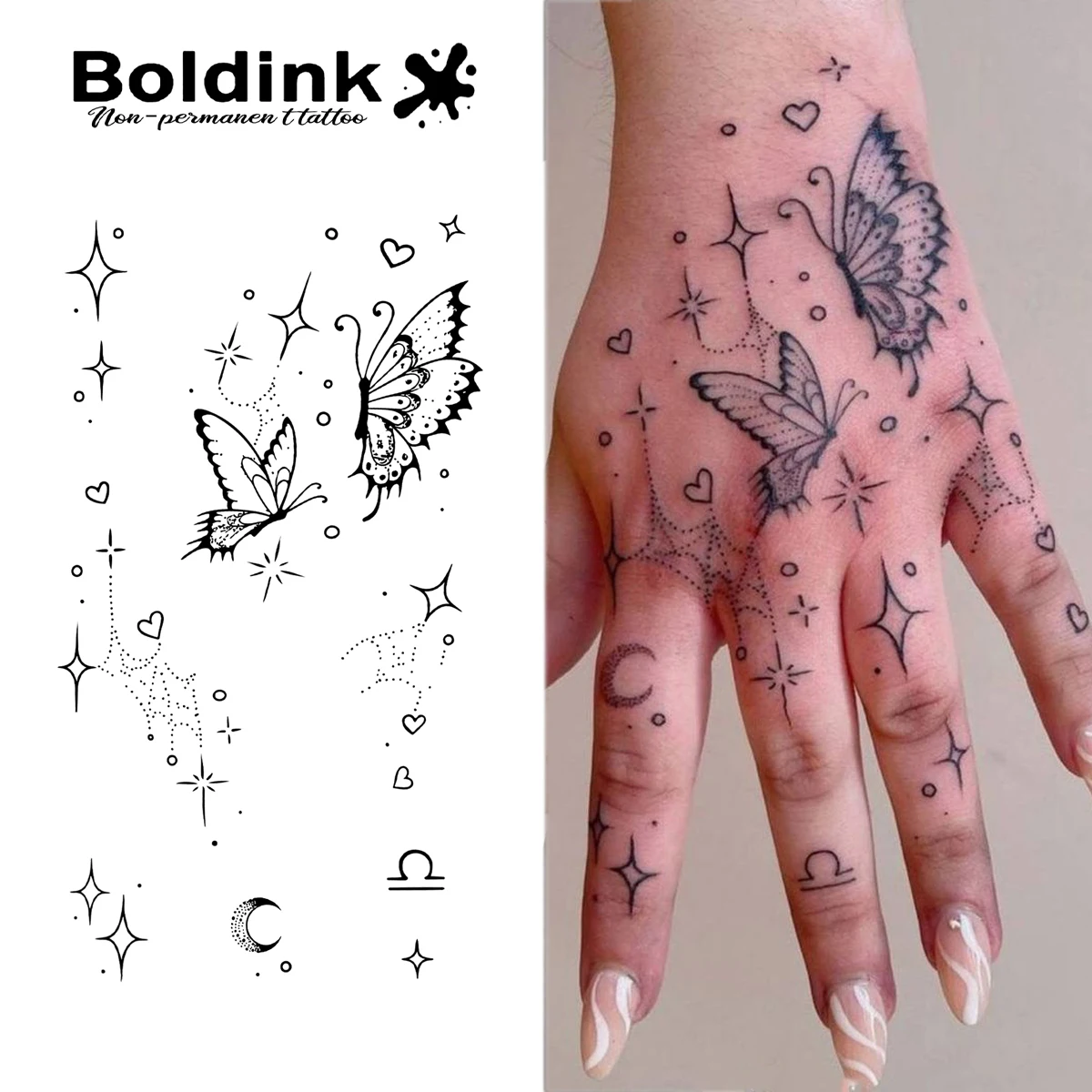 Schmetterling Sternenhimmel Temporäres Tattoo, Neue Technologie Magischer wasserdichter semi-permanenter Aufkleber mit Herzen, Mond- und Sternzeichen