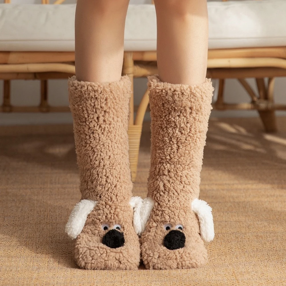 1 Pair of Cute Puppy Floor Socks, Non-Shedding and Machine Washable, Cartoon Animal Fluffy Socks, Super Soft, Warm, Comfortable Indoor Leisure Sleep Socks for Women