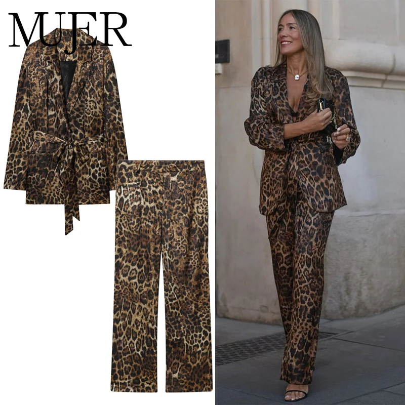 MUJER Leopard Print Blazers Woman Outfit Straight Leg Pants Sets for Women 2 Pieces Jacquard Office Blazer Women's Trouser Suit