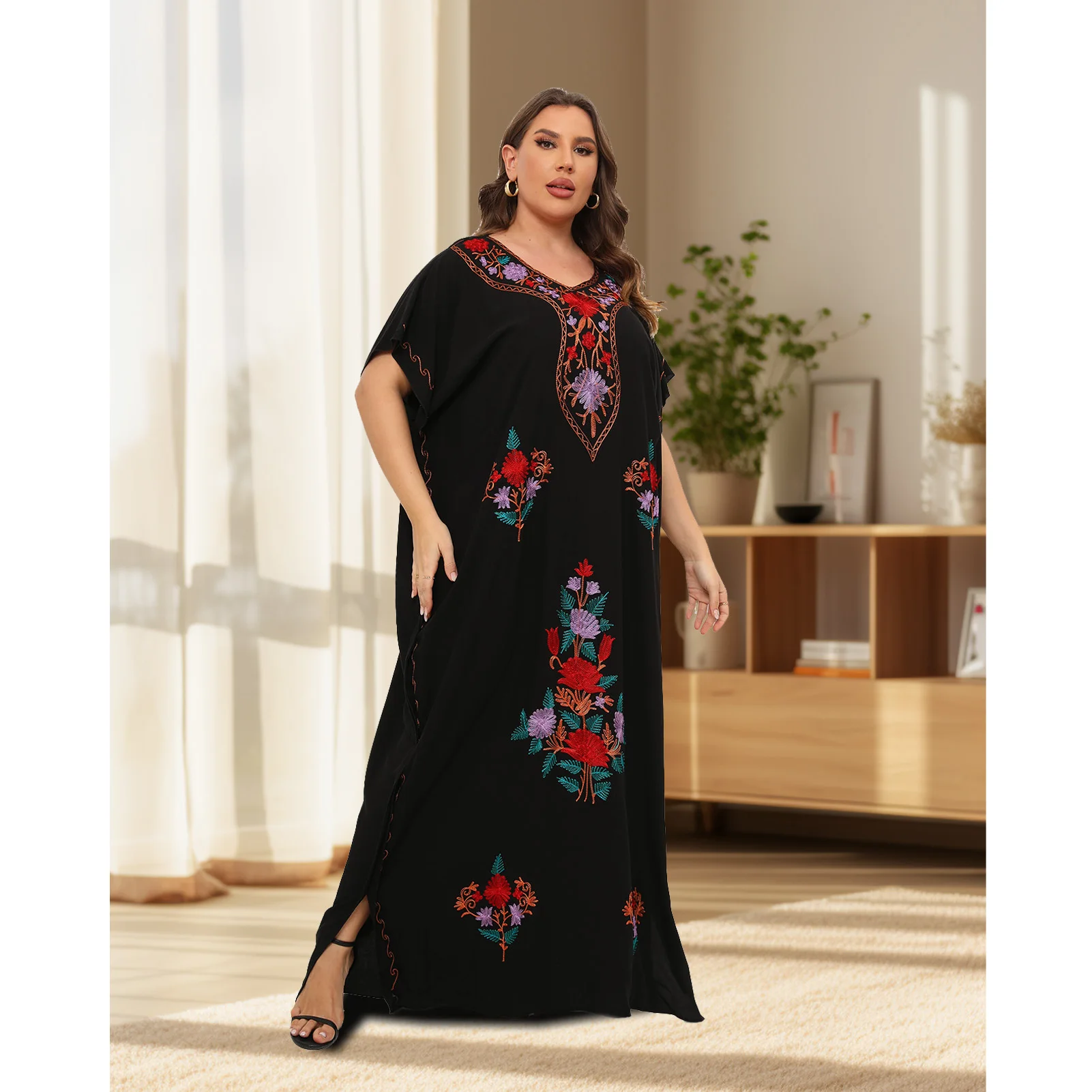 New African Plus Size Moroccan 100% Cotton Abaya O-neck Jilbab Short Sleeve Loose Style Dashiki Kaftan Traditional Lady Dresses