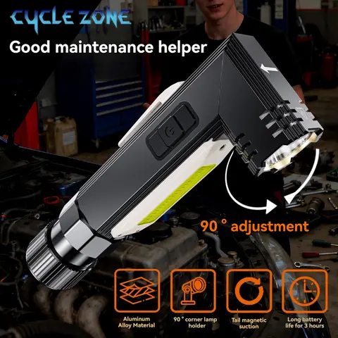 Przenośna latarka LED COB, lampa robocza, ładowana przez USB, z magnesem na końcu, obrót o 90 stopni do inspekcji samochodów, 5 trybów