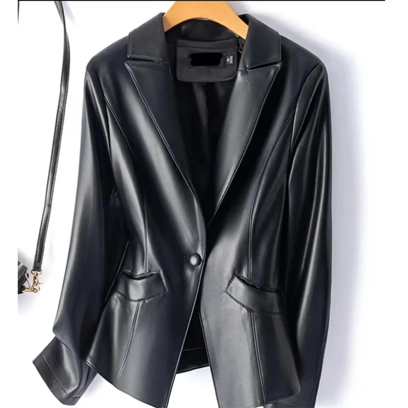 

Женский повседневный офисный пиджак из искусственной кожи, пиджак, весенне-осенняя дубленка из искусственной кожи, женская тонкая женская верхняя одежда с одной пряжкой