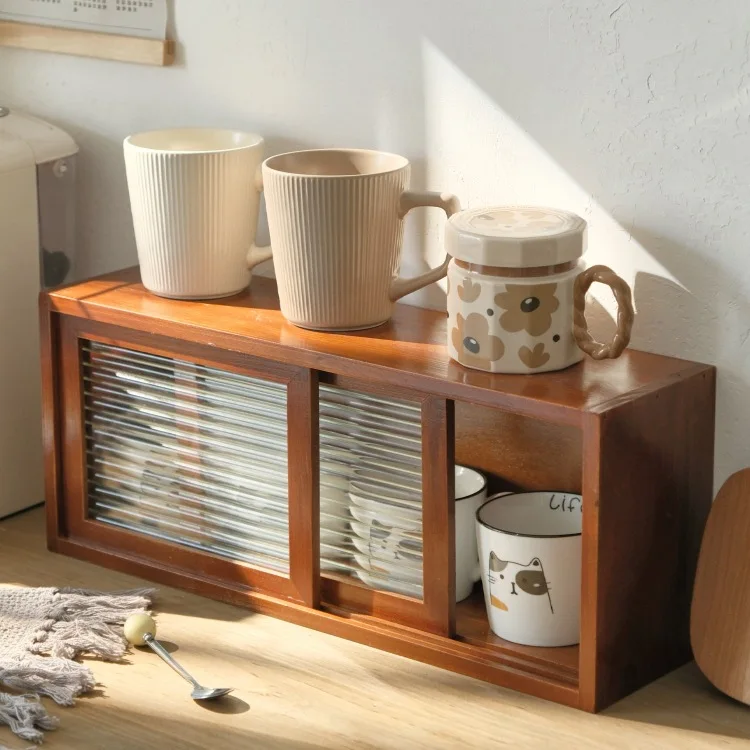 

HYS glass retro solid wood teacup sliding door storage cabinet Japanese cosmetics desktop storage box dust-proof display