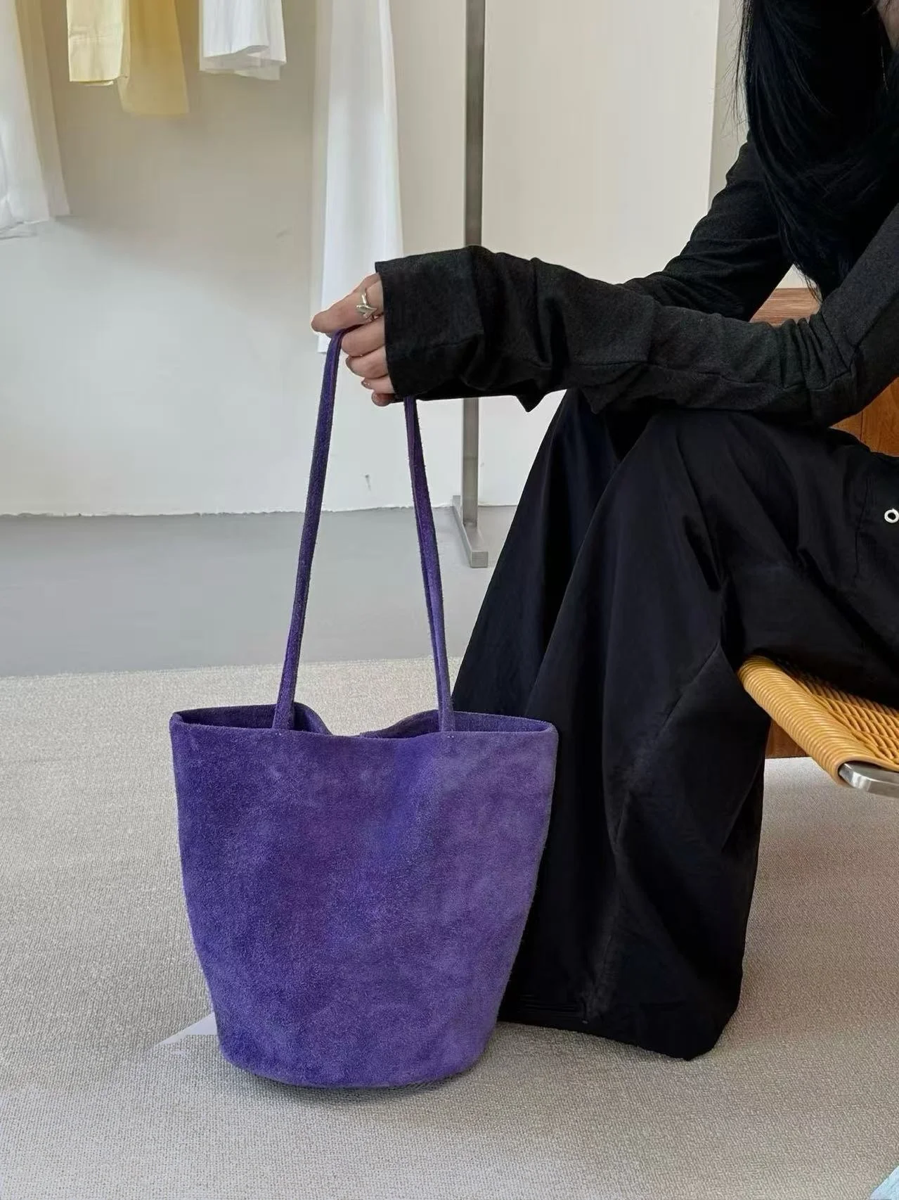 Women Suede Cowhide Large Capacity Tote Bag Vintage Soft Single Shoulder Commuter Handbag With Inner Drawstring Liner