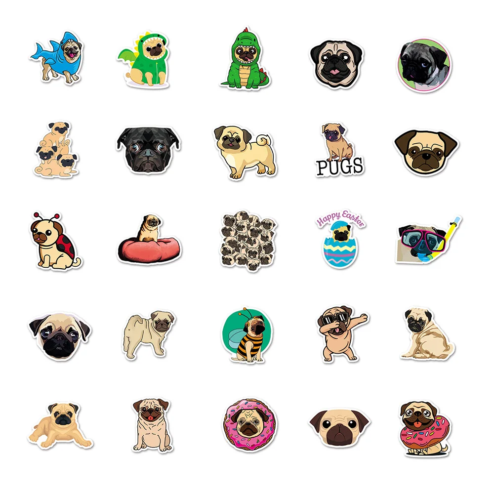 10/30/50PCS Cute Animal Dog Pug Cartoon Sticker DIY Laptop Luggage Skateboard Graffiti Decals Fun for Kid Toys Gift