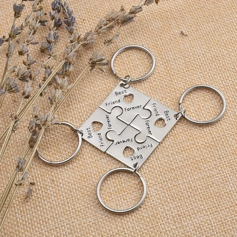 Custom 4-piece Silver Stainless Steel Puzzle Friendship Keychain belong to Forever Friends Graduation Season Start Season Gifts view 4