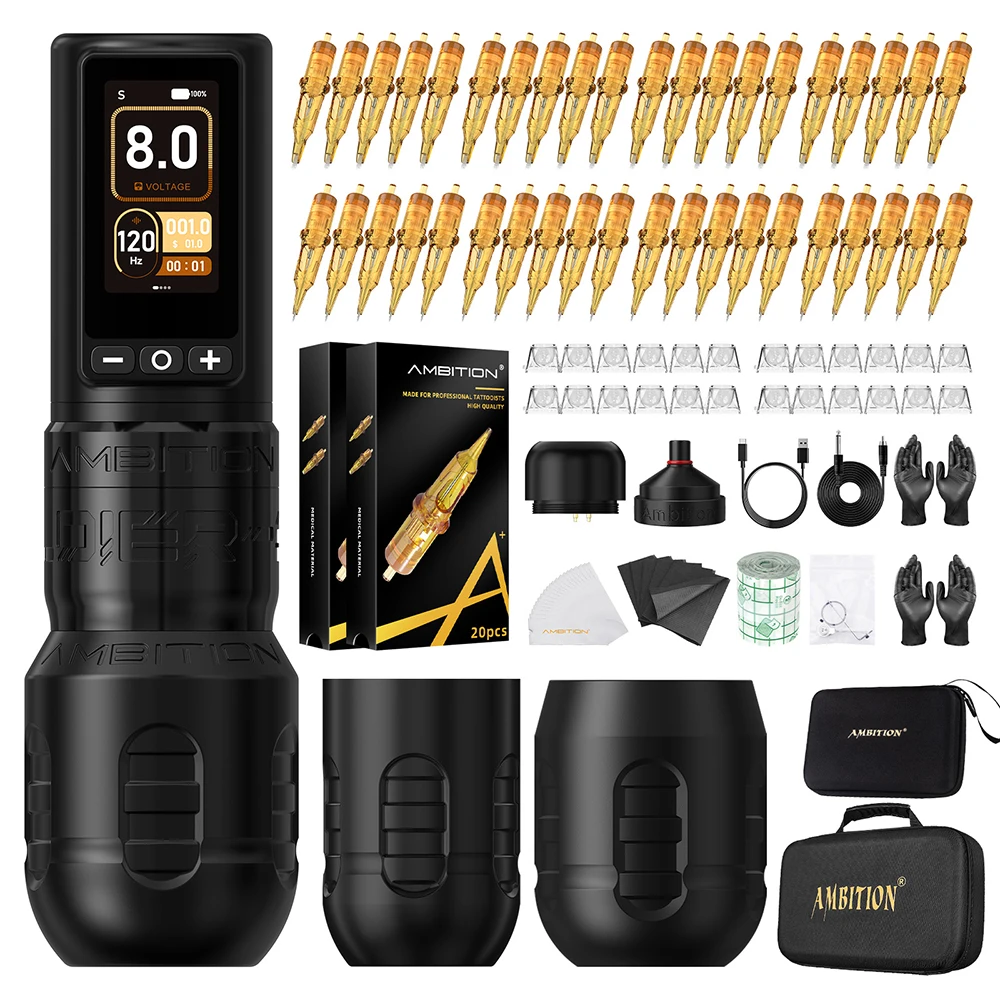 Ambitie Soldier270 Kit Draadloze Tattoo Machine Slagpen 4.0 + 4.5mm Professionele Borstelloze Motor 2400mAh Batterij Grip 34 + 42mm