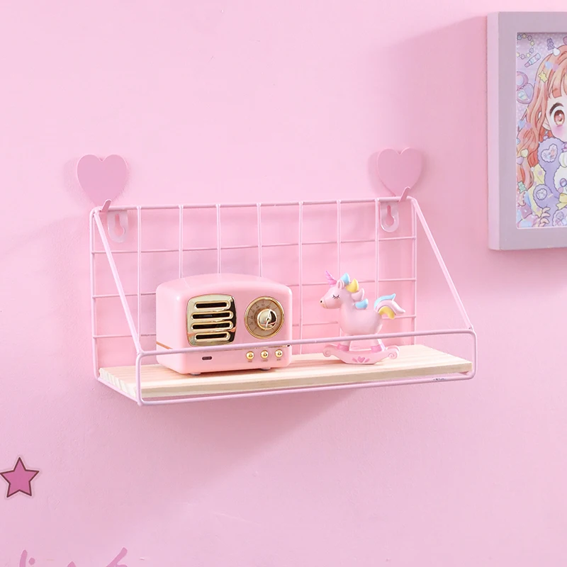 Pink Wall Shelves Perforation-free Bedroom Decoration Simple Flower Stand Wall-mounted Partition One-word Shelf