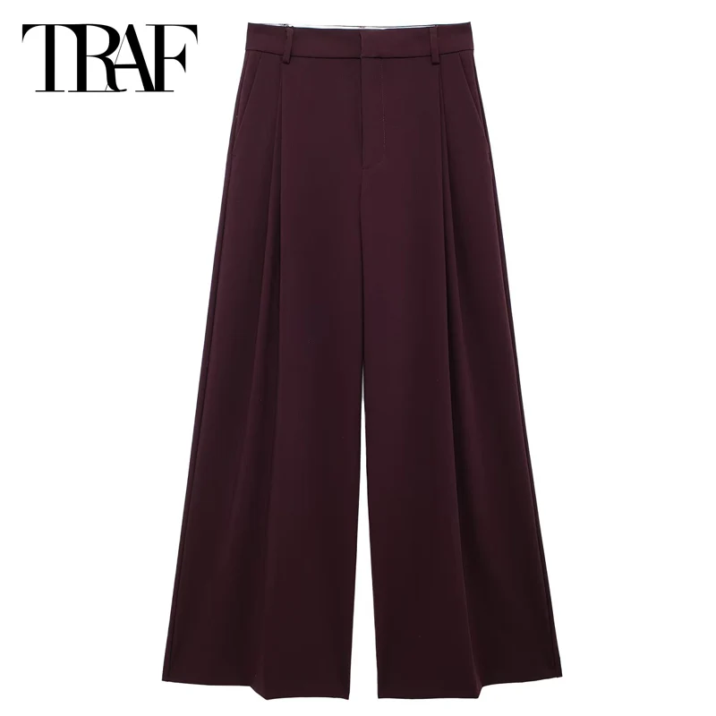 TRAF-pantalones de pierna ancha para mujer, pantalón holgado de cintura alta, plisado sólido, largo, informal, novedad de verano, 2024