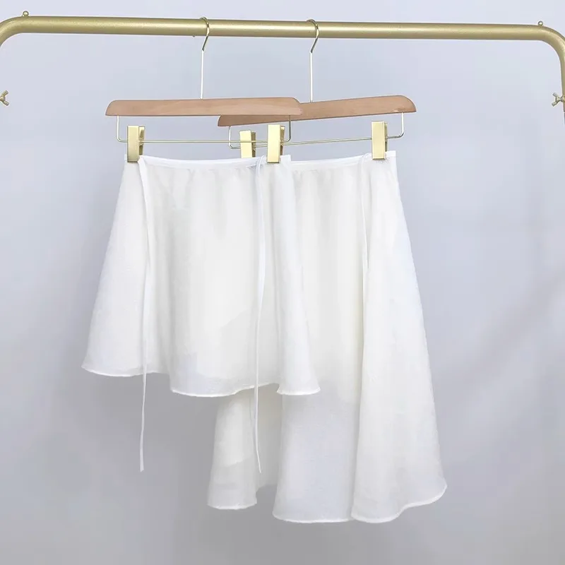 Ballet Gauze Skirt, White Lace Up Embossed Half Body Dance Practice Skirt, One-Piece Lace Up Gauze Skirt
