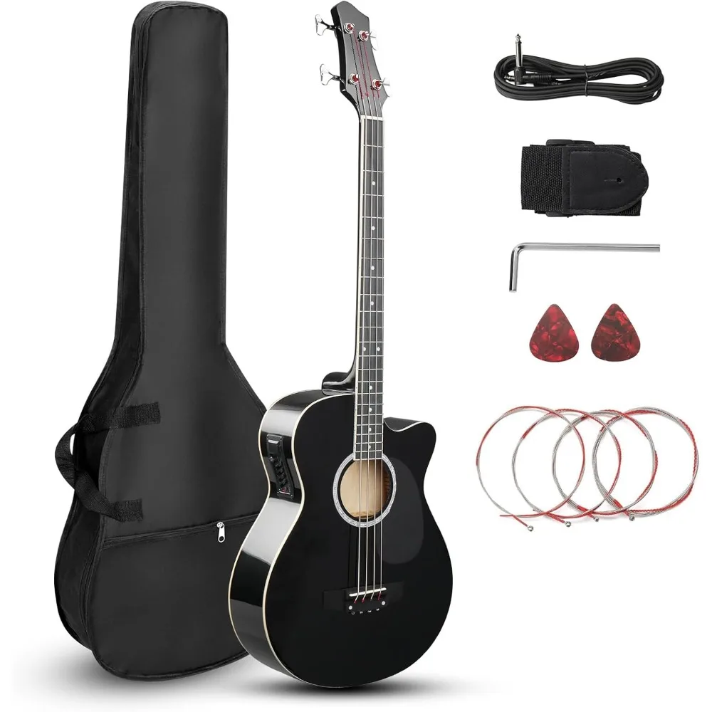 4 String Acoustic Bass Guitar, Full Size Bass Guitar Kit with Portable Guitar Bag, Premium Cable,Wrench, Strap, Plectrum (Black)