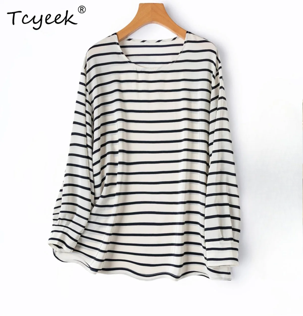 

Tcyeek 100% Mulberry Real Silk Elegant T-shirts for Women Fashion Womens Tops Long Sleeve Summer Clothes Striped Топ Женский