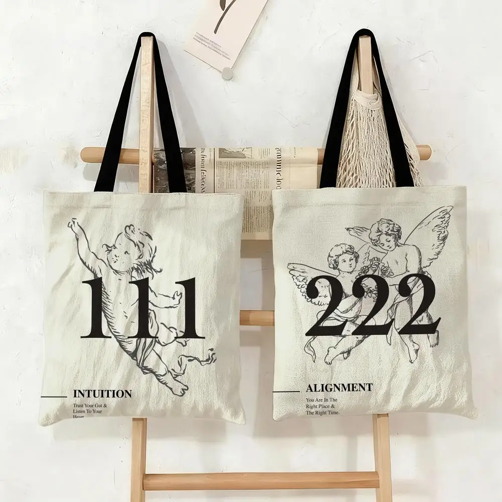 Angel Number Storage Bags Canvas Tote Bag Large Capacity Double-Sided Print Reusable Shopping Bag Eco-Friendly Shoulder Bag