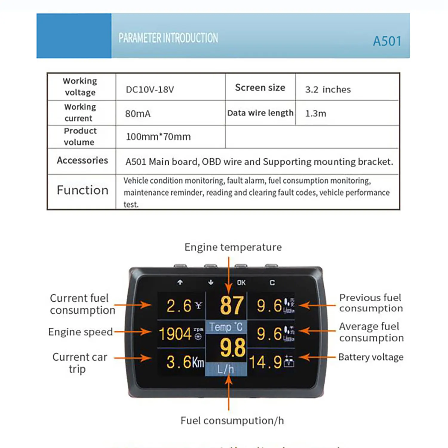 New A501 Car HUD Head Up Display Instrument High-definition Car Intelligent OBD Driving Computer Fuel Consumption Vehicle Speed