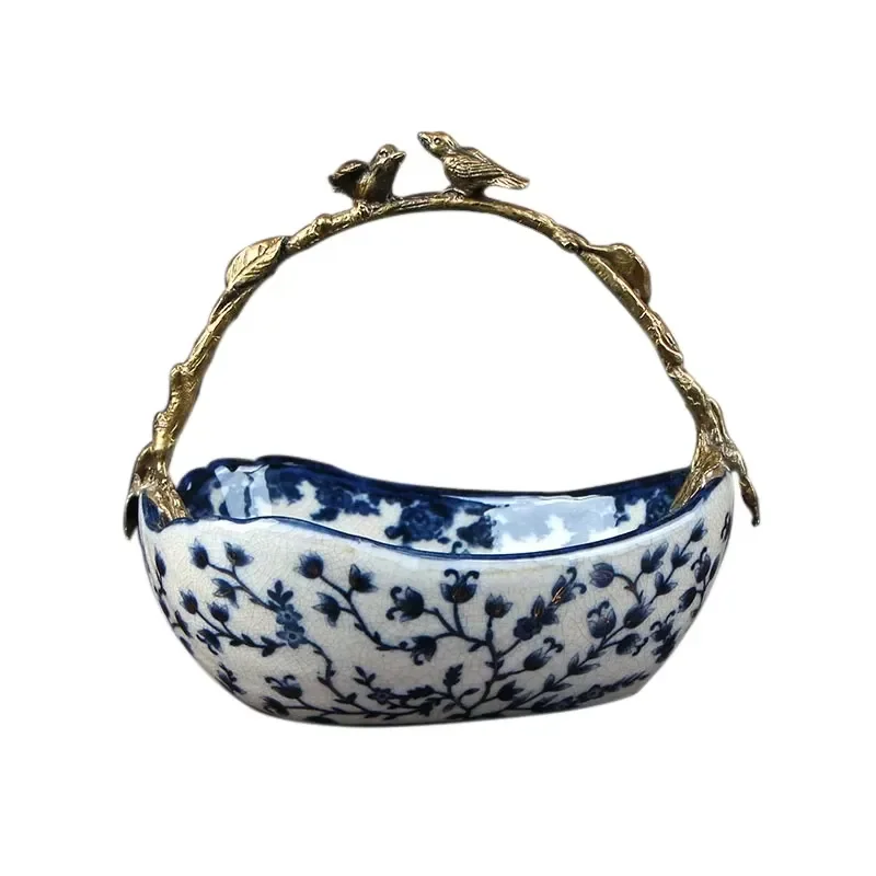 Creative Blue and White Porcelain Fruit Basket Angel Model Enamel Style Pottery Home Decoration New Design for Living Room